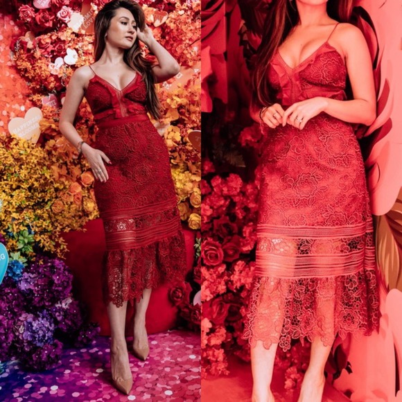 SELF PORTRAIT Floral Blush Lace Guipure Midi Dress in Raspberry